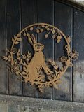 RUSTY METAL FLORAL RABBIT WREATH WALL ART GARDEN PLAQUE