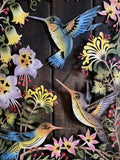 COLOURED METAL HUMMINGBIRD / FLOWERS WALL PLAQUE HANGING GARDEN ORNAMENT