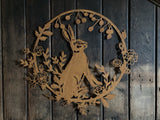 RUSTY METAL FLORAL RABBIT WREATH WALL ART GARDEN PLAQUE