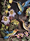 COLOURED METAL HUMMINGBIRD / FLOWERS WALL PLAQUE HANGING GARDEN ORNAMENT