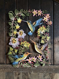 COLOURED METAL HUMMINGBIRD / FLOWERS WALL PLAQUE HANGING GARDEN ORNAMENT