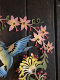 COLOURED METAL HUMMINGBIRD / FLOWERS WALL PLAQUE HANGING GARDEN ORNAMENT