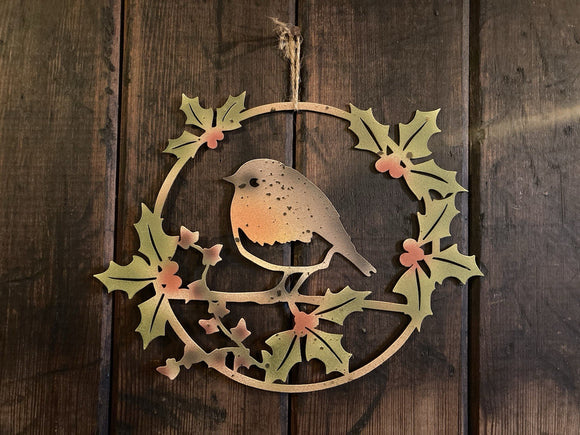 COLOURED METAL ROBIN & HOLLY FESTIVE WREATH WALL PLAQUE XMAS GARDEN ORNAMENT