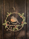 COLOURED METAL ROBIN & HOLLY FESTIVE WREATH WALL PLAQUE XMAS GARDEN ORNAMENT