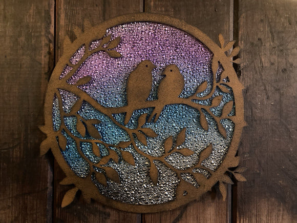 METAL BIRDS IN TREE SILHOUETTE WALL PLAQUE HANGING GARDEN / INDOOR  ART DECOR