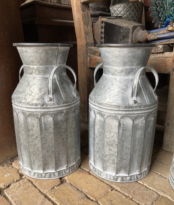 PAIR OF LIGHT WEIGHT METAL CHURN STYLE PLANTERS GARDEN / INDOOR ORNAMENTS