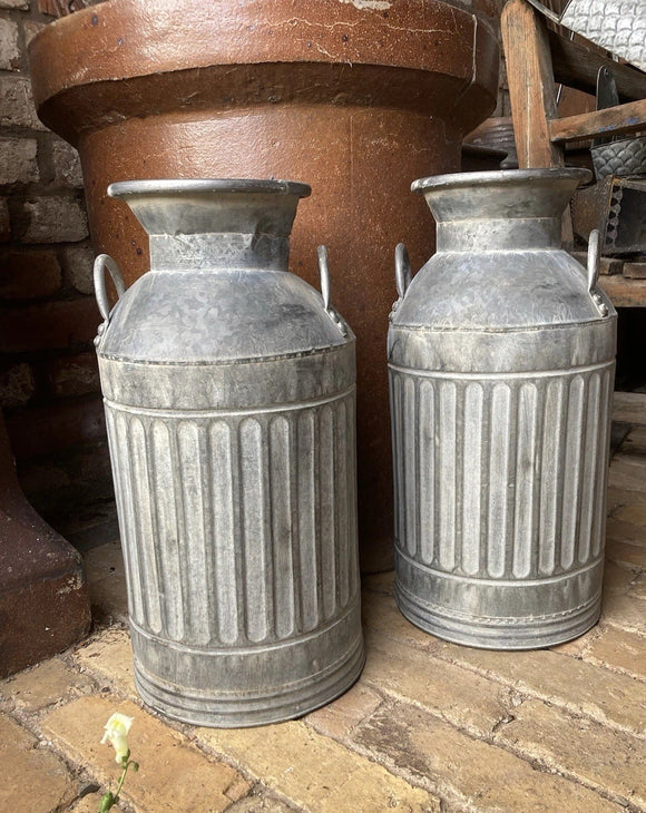 PAIR OF LIGHT WEIGHT METAL CHURN STYLE PLANTERS GARDEN / INDOOR ORNAMENTS