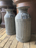 PAIR OF LIGHT WEIGHT METAL CHURN STYLE PLANTERS GARDEN / INDOOR ORNAMENTS