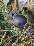 RUSTY METAL BUTTERFLY RAIN CATCHER STAKE GARDEN BIRD BATH FEEDER