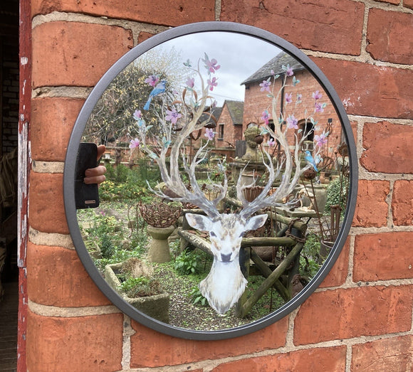 METAL FRAMED STAG DEER MIRROR GARDEN / INDOOR WALL DECOR ORNAMENT