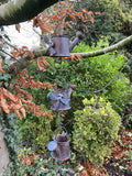 BLUE METAL HANGING WATERING CAN / DRAGONFLY BELL RAIN  CHAIN GARDEN ORNAMENT