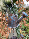 BLUE METAL HANGING WATERING CAN / DRAGONFLY BELL RAIN  CHAIN GARDEN ORNAMENT