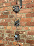 BLUE METAL HANGING WATERING CAN / DRAGONFLY BELL RAIN  CHAIN GARDEN ORNAMENT
