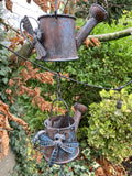 BLUE METAL HANGING WATERING CAN / DRAGONFLY BELL RAIN  CHAIN GARDEN ORNAMENT