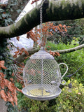 METAL HANGING TEAPOT BIRD FEEDER GARDEN ORNAMENT