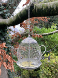 METAL HANGING TEAPOT BIRD FEEDER GARDEN ORNAMENT