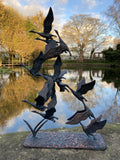 METAL CAST ALUMINIUM FLYING SWANS STATUE GARDEN ORNAMENT