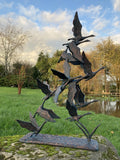 METAL CAST ALUMINIUM FLYING SWANS STATUE GARDEN ORNAMENT