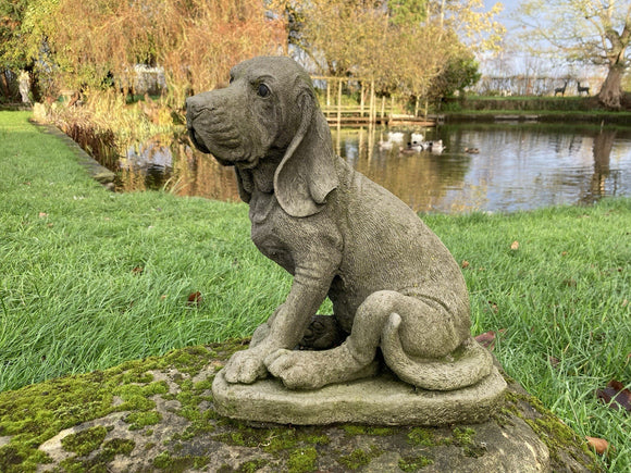 AGED RECONSTITUTED STONE GARDEN BLOODHOUND DOG STATUE ORNAMENT