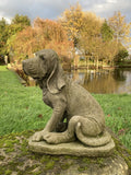 AGED RECONSTITUTED STONE GARDEN BLOODHOUND DOG STATUE ORNAMENT