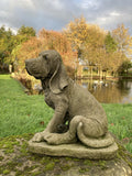 AGED RECONSTITUTED STONE GARDEN BLOODHOUND DOG STATUE ORNAMENT