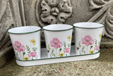 SET OF 3 METAL FLORAL ENAMEL HERB POTS PLANTERS ON TRAY GARDEN / INDOOR