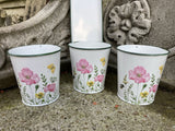 SET OF 3 METAL FLORAL ENAMEL HERB POTS PLANTERS ON TRAY GARDEN / INDOOR
