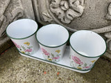 SET OF 3 METAL FLORAL ENAMEL HERB POTS PLANTERS ON TRAY GARDEN / INDOOR