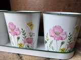 SET OF 3 METAL FLORAL ENAMEL HERB POTS PLANTERS ON TRAY GARDEN / INDOOR