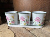 SET OF 3 METAL FLORAL ENAMEL HERB POTS PLANTERS ON TRAY GARDEN / INDOOR