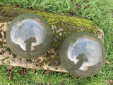 PAIR OF GREEN GLAZED TERRACOTTA BALLS / SPHERES GATE POST FINIALS