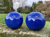 PAIR OF BLUE GLAZED TERRACOTTA BALLS / SPHERES GATE POST FINIALS
