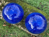 PAIR OF BLUE GLAZED TERRACOTTA BALLS / SPHERES GATE POST FINIALS