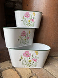 SET OF 3 OVAL METAL ENAMEL FLORAL PLANTERS GARDEN / INDOOR