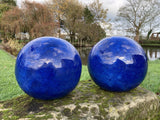 PAIR OF BLUE GLAZED TERRACOTTA BALLS / SPHERES GATE POST FINIALS
