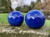 PAIR OF BLUE GLAZED TERRACOTTA BALLS / SPHERES GATE POST FINIALS