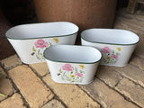 SET OF 3 OVAL METAL ENAMEL FLORAL PLANTERS GARDEN / INDOOR