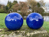 PAIR OF BLUE GLAZED TERRACOTTA BALLS / SPHERES GATE POST FINIALS
