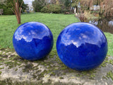 PAIR OF BLUE GLAZED TERRACOTTA BALLS / SPHERES GATE POST FINIALS