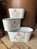 SET OF 3 OVAL METAL ENAMEL FLORAL PLANTERS GARDEN / INDOOR