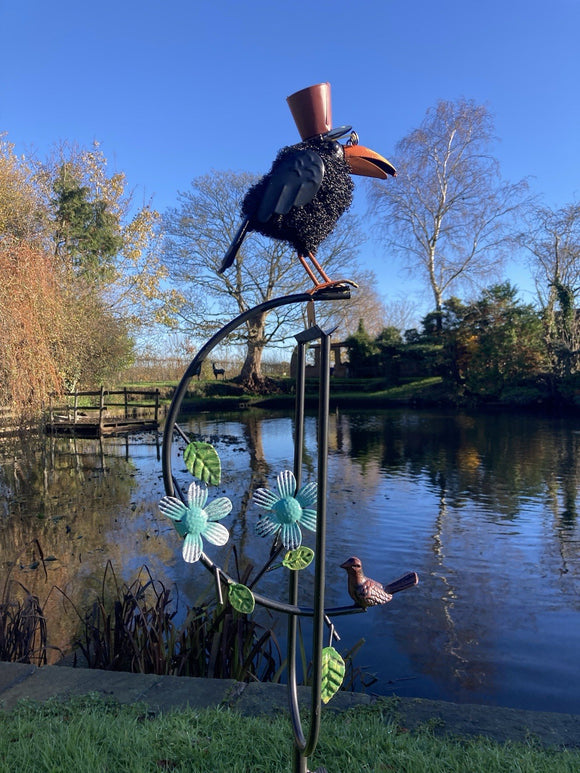 METAL ROCKING CROW BIRD STAKE GARDEN DECORATION