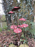SPOTTY RED METAL TOADSTOOL / MUSHROOM 7 CLUSTER FAIRY STAKE GARDEN ORNAMENT