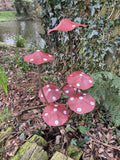 SPOTTY RED METAL TOADSTOOL / MUSHROOM 7 CLUSTER FAIRY STAKE GARDEN ORNAMENT