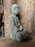 ANTIQUE STYLE GREEN FINISH CAST IRON SITTING BUDDHA STATUE GARDEN ORNAMENT
