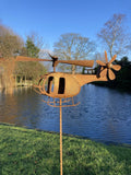 METAL GARDEN RUSTY HELICOPTER WIND SPINNER STAKE ORNAMENT