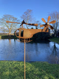 METAL GARDEN RUSTY HELICOPTER WIND SPINNER STAKE ORNAMENT