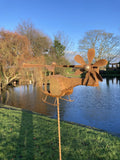 METAL GARDEN RUSTY HELICOPTER WIND SPINNER STAKE ORNAMENT