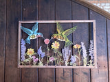 COLOURED METAL HUMMINGBIRDS FLORAL RECTANGULAR WALL PLAQUE