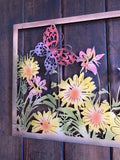 COLOURED METAL BUTTERFLY & FLOWERS RECTANGULAR GARDEN WALL PLAQUE