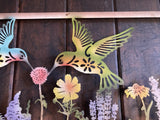 COLOURED METAL HUMMINGBIRDS FLORAL RECTANGULAR WALL PLAQUE